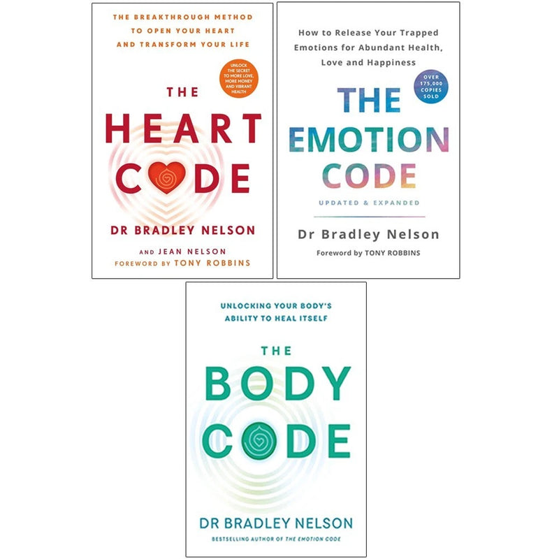 Vermilion set of three Dr. Bradley Nelson books: Emotion Code, Body Code, and Heart Code, with colorful cover designs.