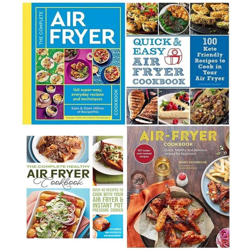 Air Fryer Cookbook set by Chartwell Books featuring healthy recipes by Kate Merker, Sam Milner, Jenny Tschiesche, and Carolina Cartier.