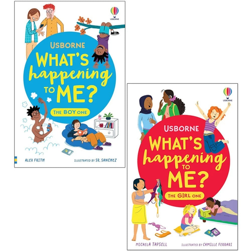 Set of two Usborne non-fiction books for girls and boys about changes during puberty, with colorful illustrations and engaging text.