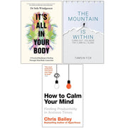Collection of three books by Dr. Sula Windgassen, Tamsin Fox, and Chris Bailey on body health, inner peace, and mindfulness.