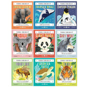 Young zoologist series book set by Neon Squid featuring Humpback Whale, African Elephant, Tiger, and other wildlife illustrations.