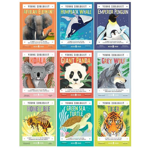 Young zoologist series book set by Neon Squid featuring Humpback Whale, African Elephant, Tiger, and other wildlife illustrations.