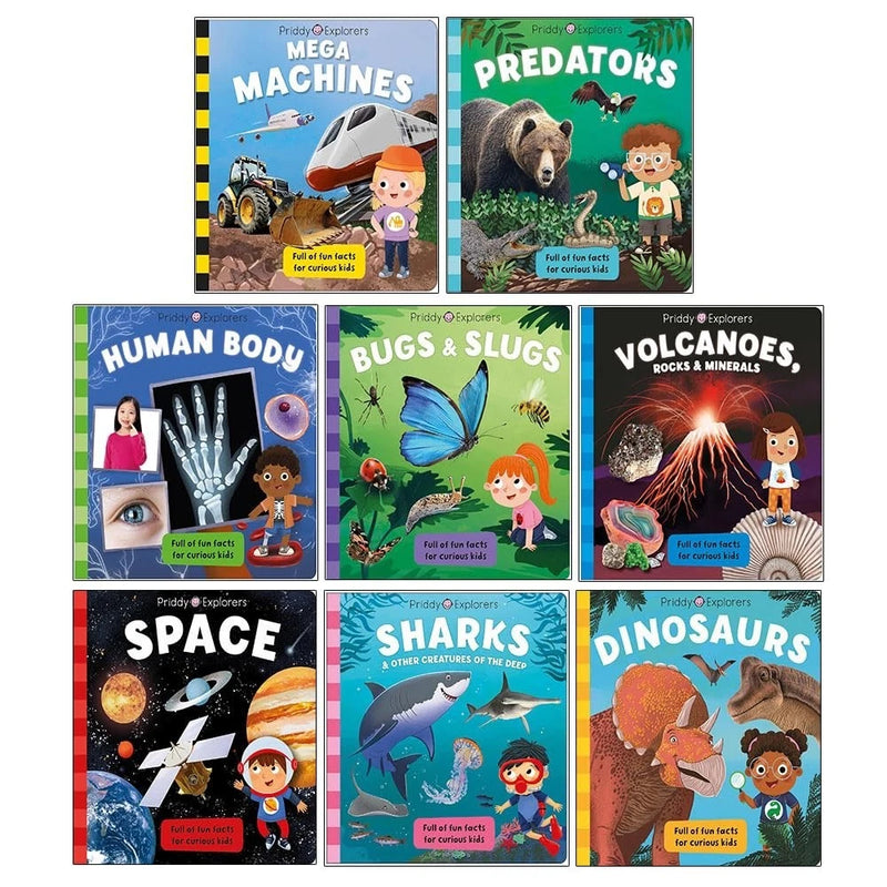 Priddy Explorers Series 8 Books Collection Set by Priddy Books, Roger Priddy (Space, Sharks, Dinosaurs, Human Body, Bugs and Slugs, Volcanoes Rocks and Minerals, Mega Machines, Predators) - The Book Bundle