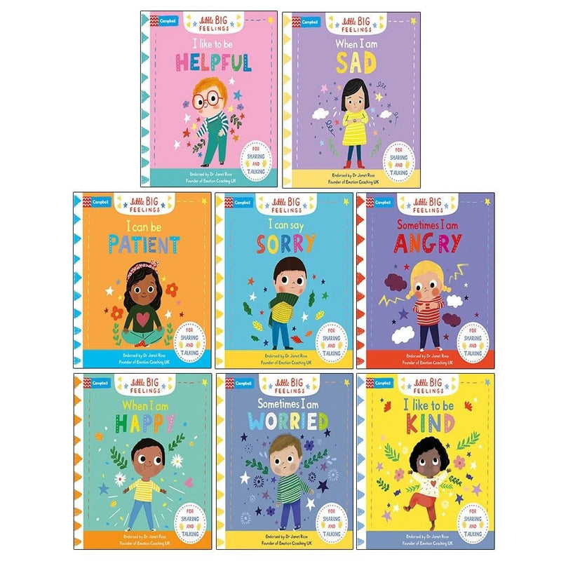 Campbell Little Big Feelings Series 8 books collection set by Campbell Books, featuring colorful covers on a shelf.