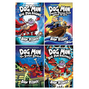 Set of four Dog Man books from Series 11-14 by Dav Pilkey, featuring colorful cartoon covers and characters from the popular graphic novel series.