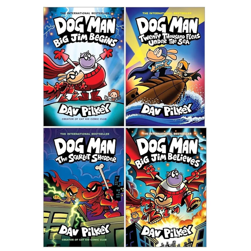 Set of four Dog Man books from Series 11-14 by Dav Pilkey, featuring colorful cartoon covers and characters from the popular graphic novel series.