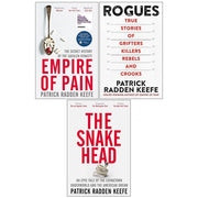 Patrick Radden Keefe 3-book collection set featuring Rogues, The Snakehead, and Empire of Pain with Picador Ltd. branding.