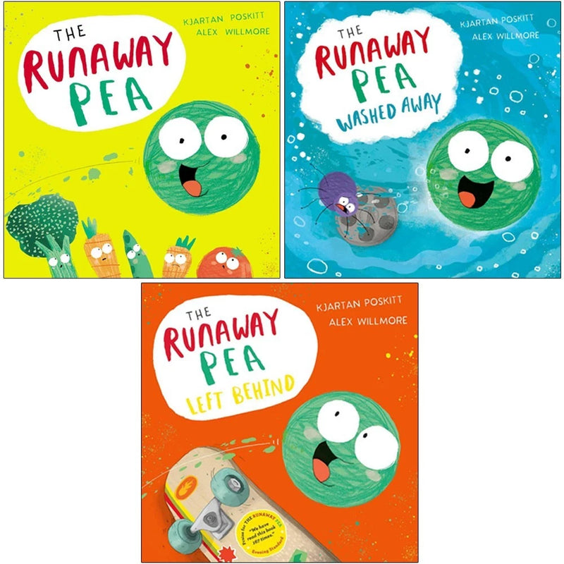 Set of three children's books from The Runaway Pea series by Kjartan Poskitt and Alex Willmore, featuring colorful cover illustrations.