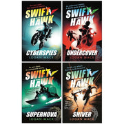 Swift and Hawk Series 4 Books set by Logan Macx, featuring Undercover, Supernova, Cyberspies, and Shiver, published by Walker Books.