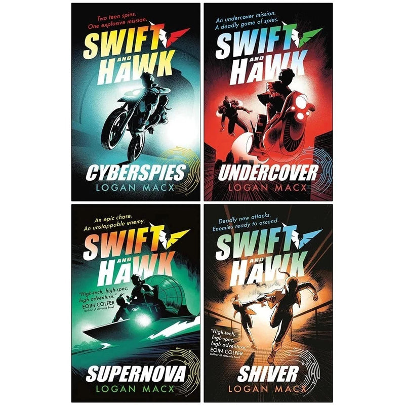 Swift and Hawk Series 4 Books set by Logan Macx, featuring Undercover, Supernova, Cyberspies, and Shiver, published by Walker Books.