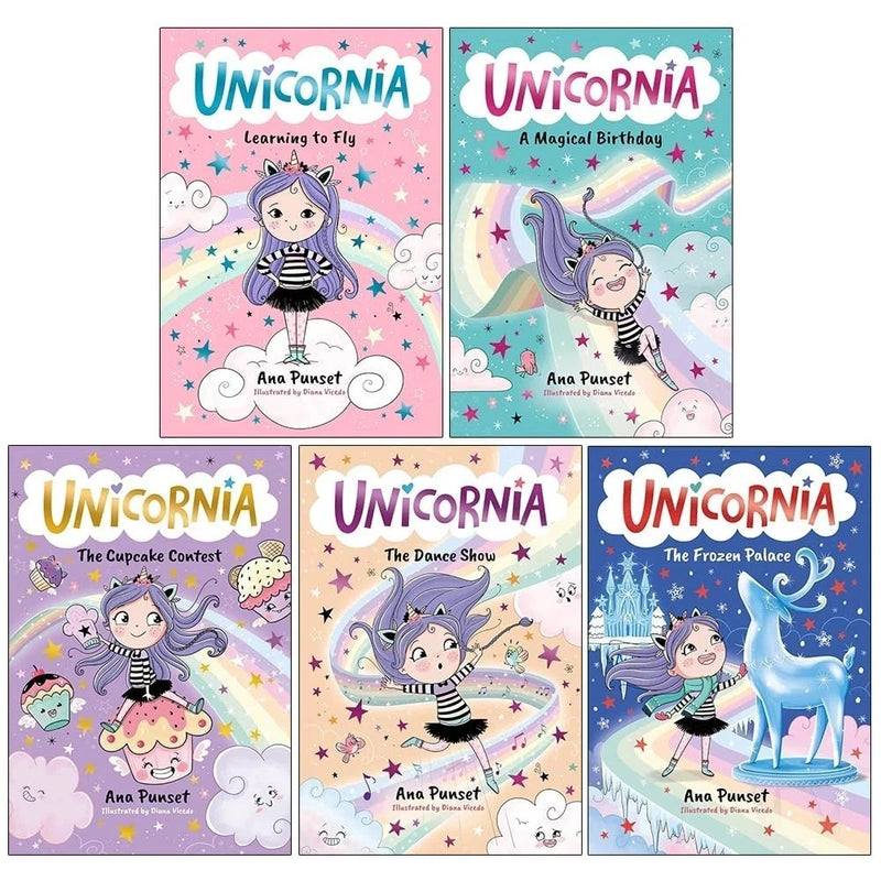 Unicornia Series 5 books collection by Ana Punset and Diana Vicedo, featuring colorful covers of learning to fly and magical adventures.