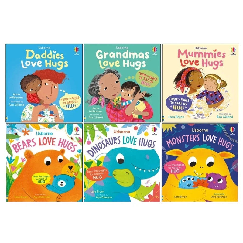 Usborne Huggy Book Collection 6 Books Set(Daddies Love Hugs, Grandmas Love Hugs, Mummies Love Hugs, Bears Love Hugs, Dinosaurs Love Hugs & Monsters Love Hugs) - The Book Bundle