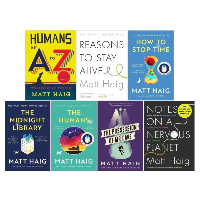 Matt Haig Collection 7 Books Set Time(The Humans ,How to Stop Time ,The Midnight Library ,The Possession of Mr Cave ,Notes on a Nervous Planet ,Reasons to Stay Alive & Humans: An A-Z) - The Book Bundle