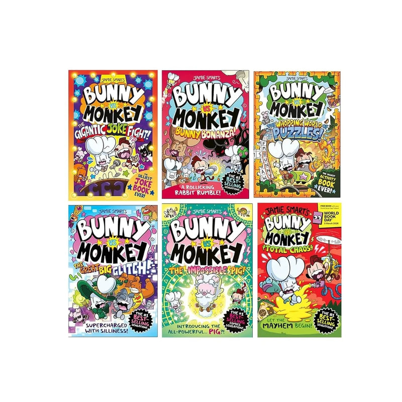 Bunny vs Monkey 6 Book collection set by Jamie Smart, featuring colorful covers of Bunny Bonanza, Puzzle, Joke Fight, Glitch, Pig, and Total Chaos.