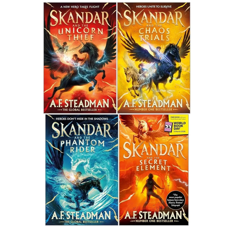 Skandar Series 4 Books Collection Set by A. F.Steadman(Secret Element,Chaos Trials,Phantom Rider & Unicorn Thief) - The Book Bundle