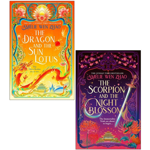 Three Realms Series collection by Amélie Wen Zhao featuring hardcover books The Dragon and the Sun Lotus and The Scorpion and the Night Blossom.