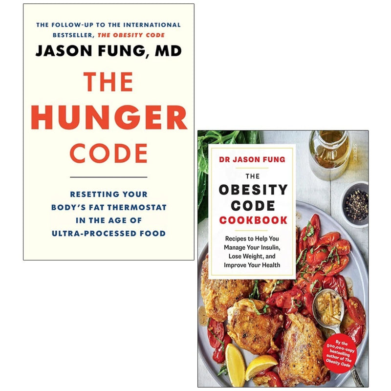 Dr. Jason Fung collection of two hardcover books, The Hunger Code and The Obesity Code Cookbook, by Greystone Books/Scribe UK.