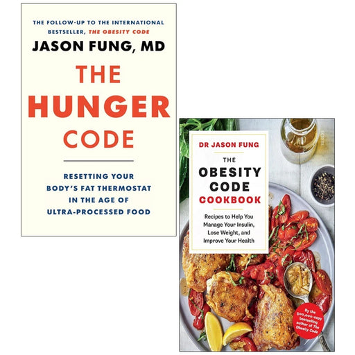 Dr. Jason Fung collection of two hardcover books, The Hunger Code and The Obesity Code Cookbook, by Greystone Books/Scribe UK.