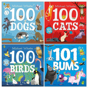 Set of four Puffin children's paperback books featuring 100 Dogs by Michael Whaite for ages 3-7, colorful and engaging illustrations.
