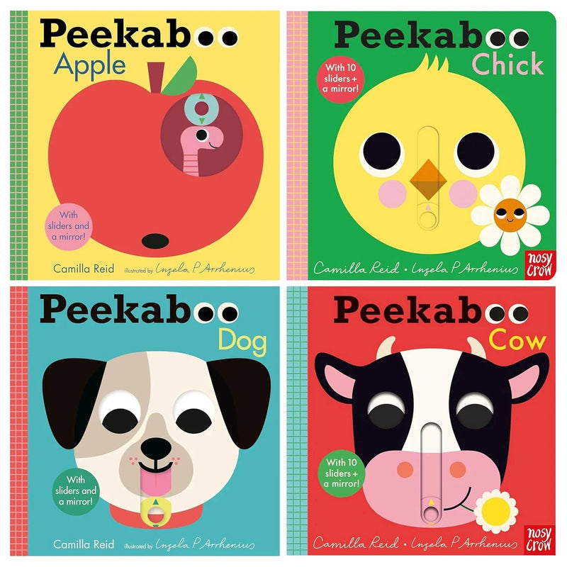 Four board books from the Peekaboo Series by Camilla Reid for ages 0-2, featuring colorful, engaging illustrations for young children.
