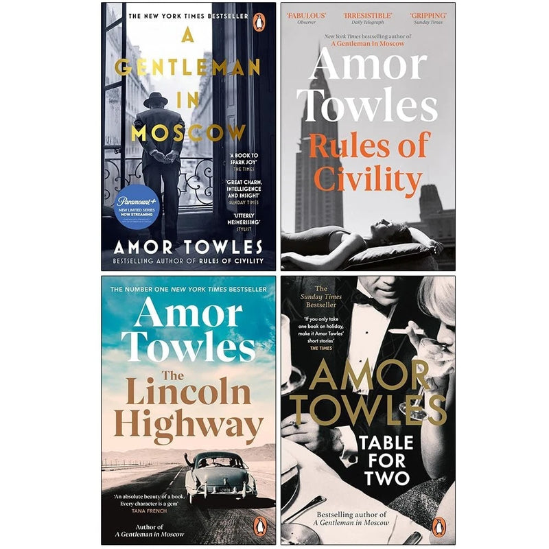 Four paperback books from the Gentleman in Moscow collection by Amor Towles, featuring elegant cover designs by Windmill Books.