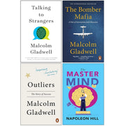 Four-book collection of Malcolm Gladwell and Napoleon Hill, featuring Outliers, Talking to Strangers, The Bomber Mafia, and The Master Mind.