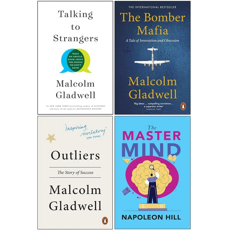 Four-book collection of Malcolm Gladwell and Napoleon Hill, featuring Outliers, Talking to Strangers, The Bomber Mafia, and The Master Mind.