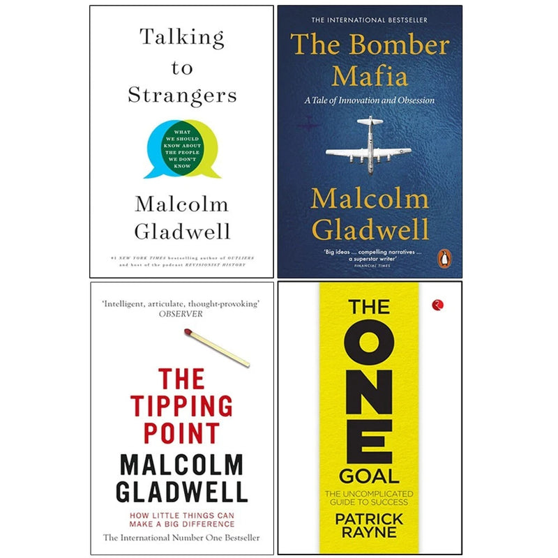 Set of four hardcover books by Malcolm Gladwell including Talking to Strangers and The Tipping Point, published by Little Brown and Company.