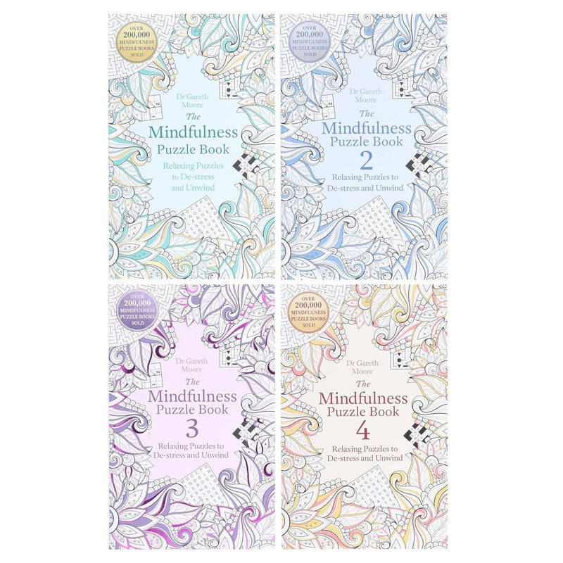 Set of four mindfulness puzzle books by Dr Gareth Moore, paperback collection featuring brain teasers and cognitive exercises.