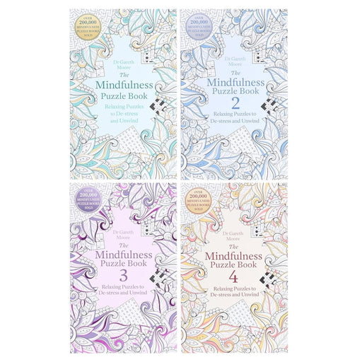 Set of four mindfulness puzzle books by Dr Gareth Moore, paperback collection featuring brain teasers and cognitive exercises.
