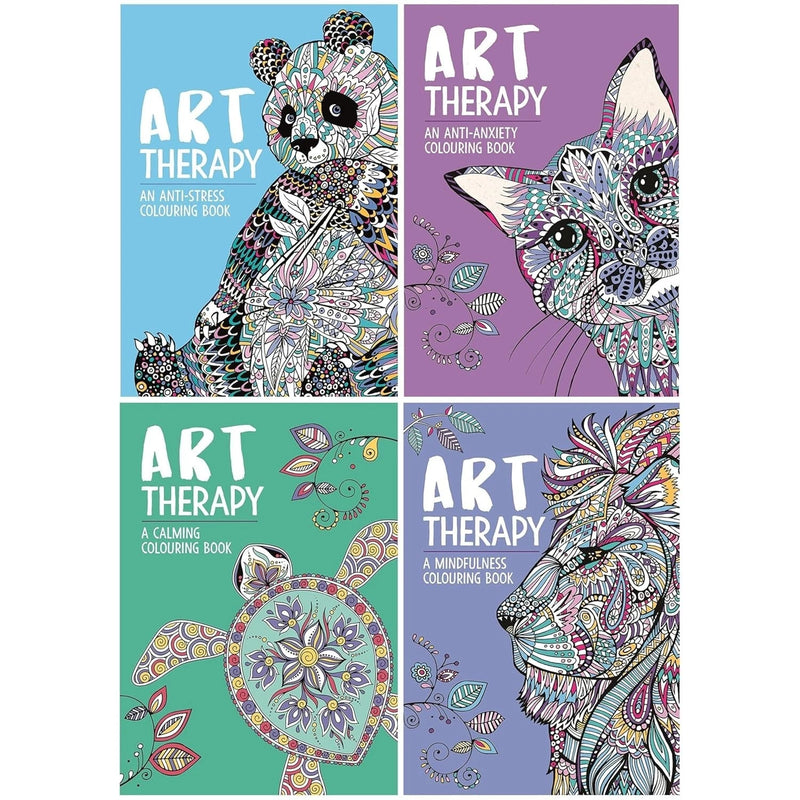 Art Therapy Colouring Series 4 books set by Richard Merritt, Hannah Davies, Cindy Wilde, and Jo Taylor, featuring intricate designs for stress relief.