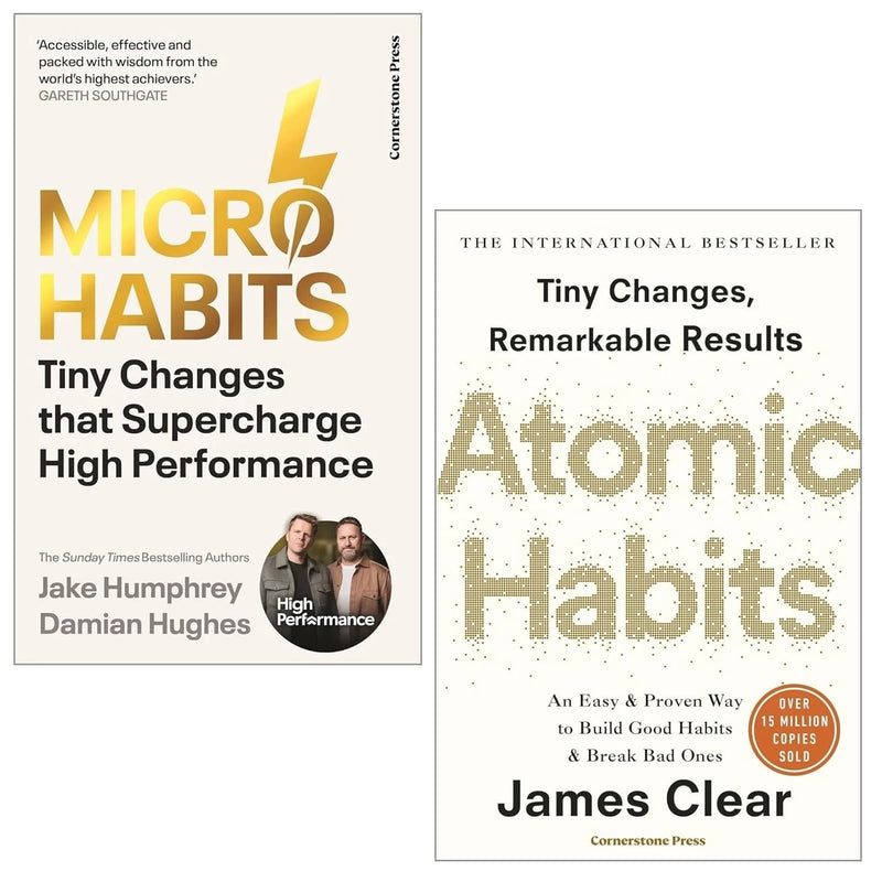 Two paperback non-fiction books: Atomic Habits by James Clear and Micro-Habits by Jake Humphrey, part of a collection set.