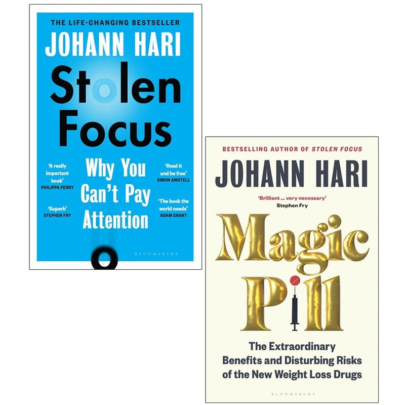 Collection of Johann Hari's Magic Pill and Stolen Focus 2 non-fiction paperback books by Bloomsbury Publishing, featuring colorful covers.