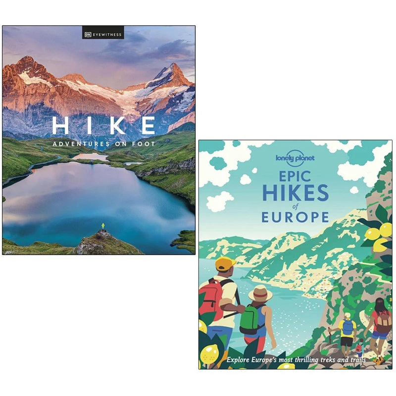 Two hardcover books from the Lonely Planet Epic Hikes of Europe collection by DK Travel and Luke Waterson, featuring scenic outdoor hikes.