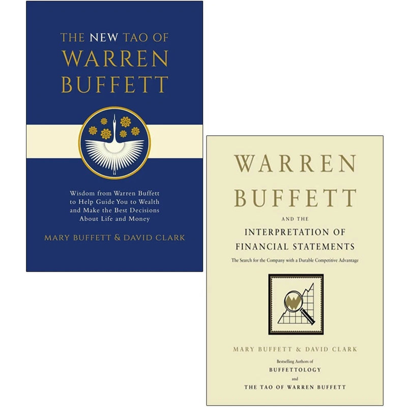Two paperback books by Mary Buffett on Warren Buffett, featuring financial statements and investment insights, displayed together.