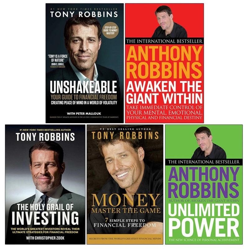 Five-book set of Tony Robbins' non-fiction titles including Money Master the Game, Awaken The Giant Within, and Unlimited Power, paperbacks.