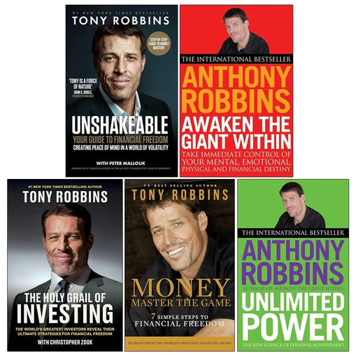 Five-book set of Tony Robbins' non-fiction titles including Money Master the Game, Awaken The Giant Within, and Unlimited Power, paperbacks.