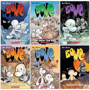 Jeff Smith's Bone 6-book collection set includes Boneville, The Great Cow Race, Eyes of the Storm in paperback by Scholastic.