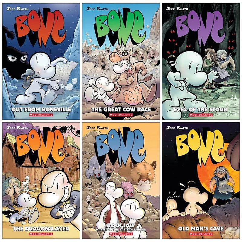 Jeff Smith's Bone 6-book collection set includes Boneville, The Great Cow Race, Eyes of the Storm in paperback by Scholastic.