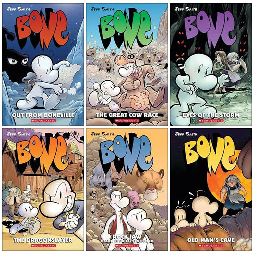 Jeff Smith's Bone 6-book collection set includes Boneville, The Great Cow Race, Eyes of the Storm in paperback by Scholastic.