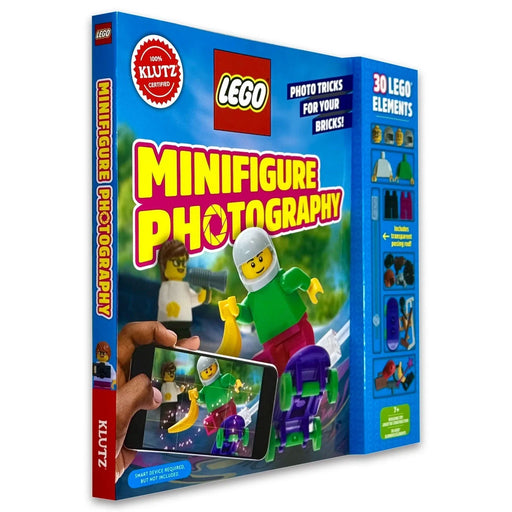Scholastic Klutz LEGO Minifigure Photography kit showing colorful minifigure and camera accessories for creative photo projects.