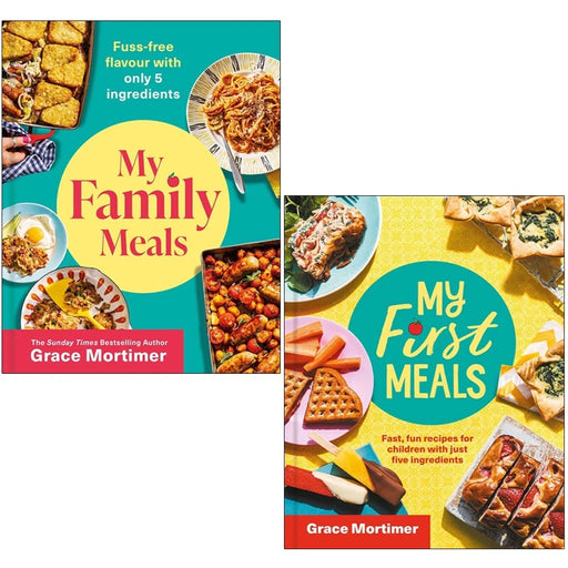 Two educational books from Grace Mortimer's My Family Meals & My First Meals collection, featuring colorful illustrations for children.