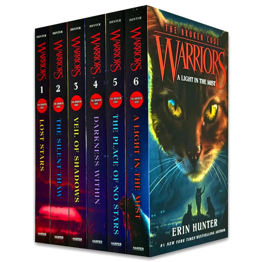 Six-book set of Warriors Cat The Broken Code Series by Erin Hunter, featuring colorful book covers in a series collection.