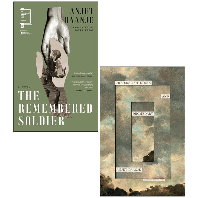 Collection of two fiction books by Anje Daanje, featuring "The Song of Stork and Dromedary" and "The Remembered Soldier," in mixed format.