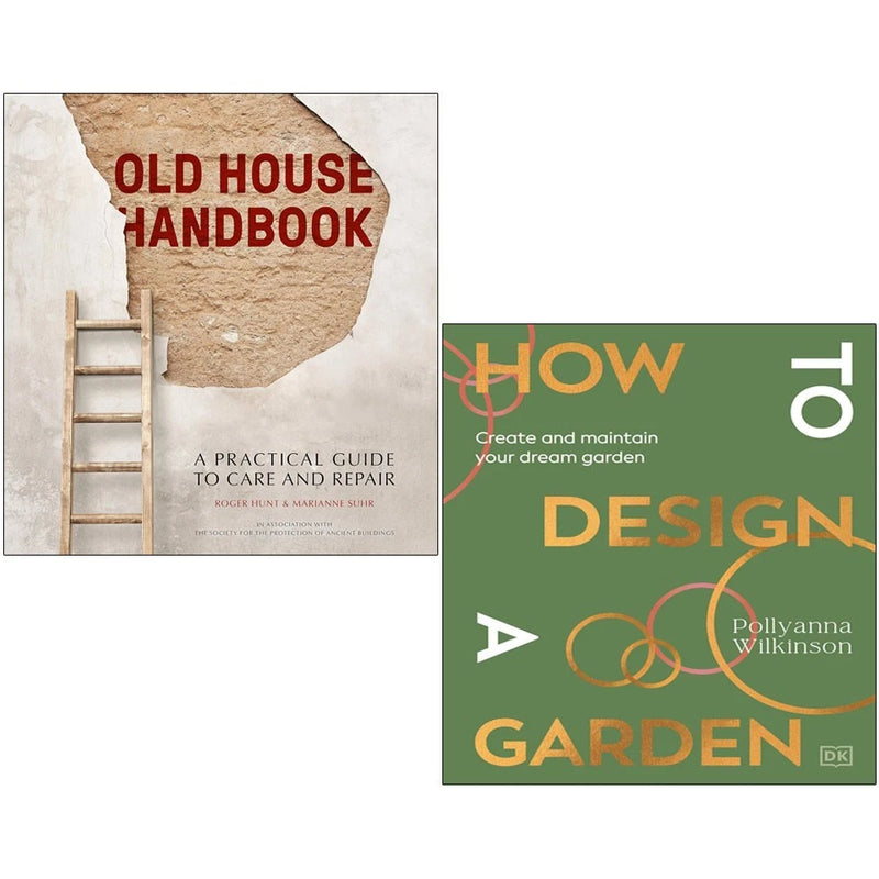 Two hardcover books from the Old House Handbook and How to Design a Garden collection by Roger Hunt and Marianne Suhr, featuring detailed cover art.