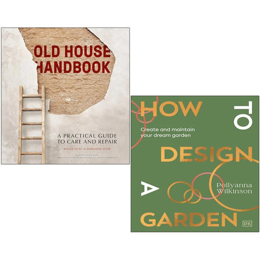 Two hardcover books from the Old House Handbook and How to Design a Garden collection by Roger Hunt and Marianne Suhr, featuring detailed cover art.