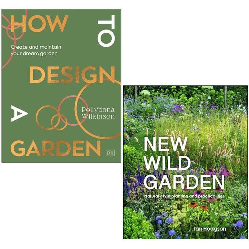 Two hardcover garden books by Ian Hodgson and Pollyanna Wilkinson, featuring wild garden designs and gardening tips.