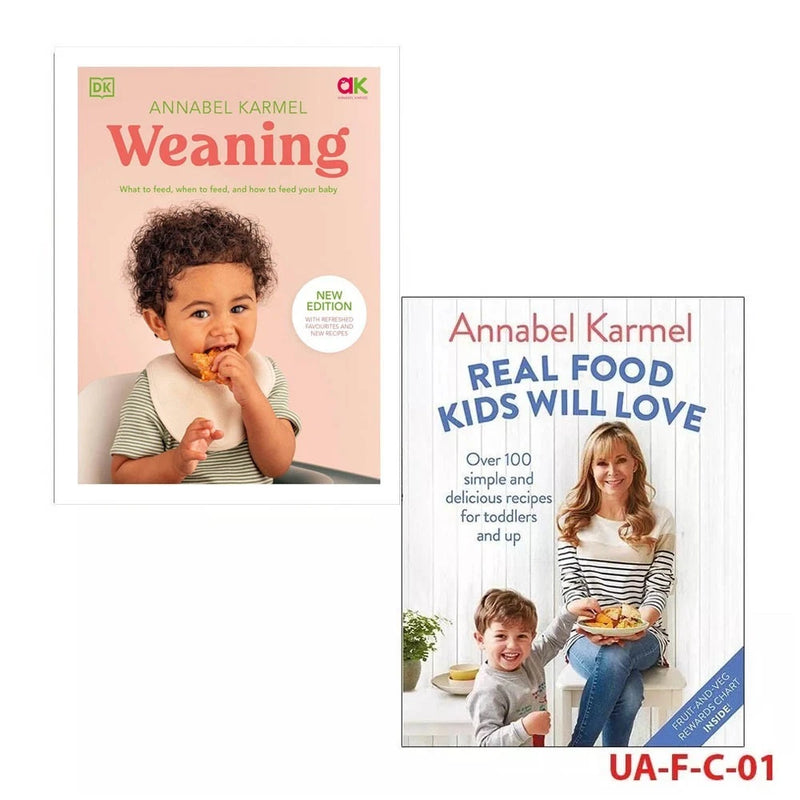 Weaning and real food kids' cookbook set by Annabel Karmel, featuring two books with colorful pages and kid-friendly recipes.