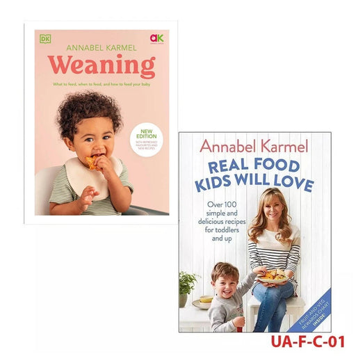 Weaning and real food kids' cookbook set by Annabel Karmel, featuring two books with colorful pages and kid-friendly recipes.