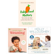Set of three baby food guidebooks by Dr Clare Llewellyn, Dr Hayley Syrad, and Marie Mongan on weaning, feeding tips, and nutrition.